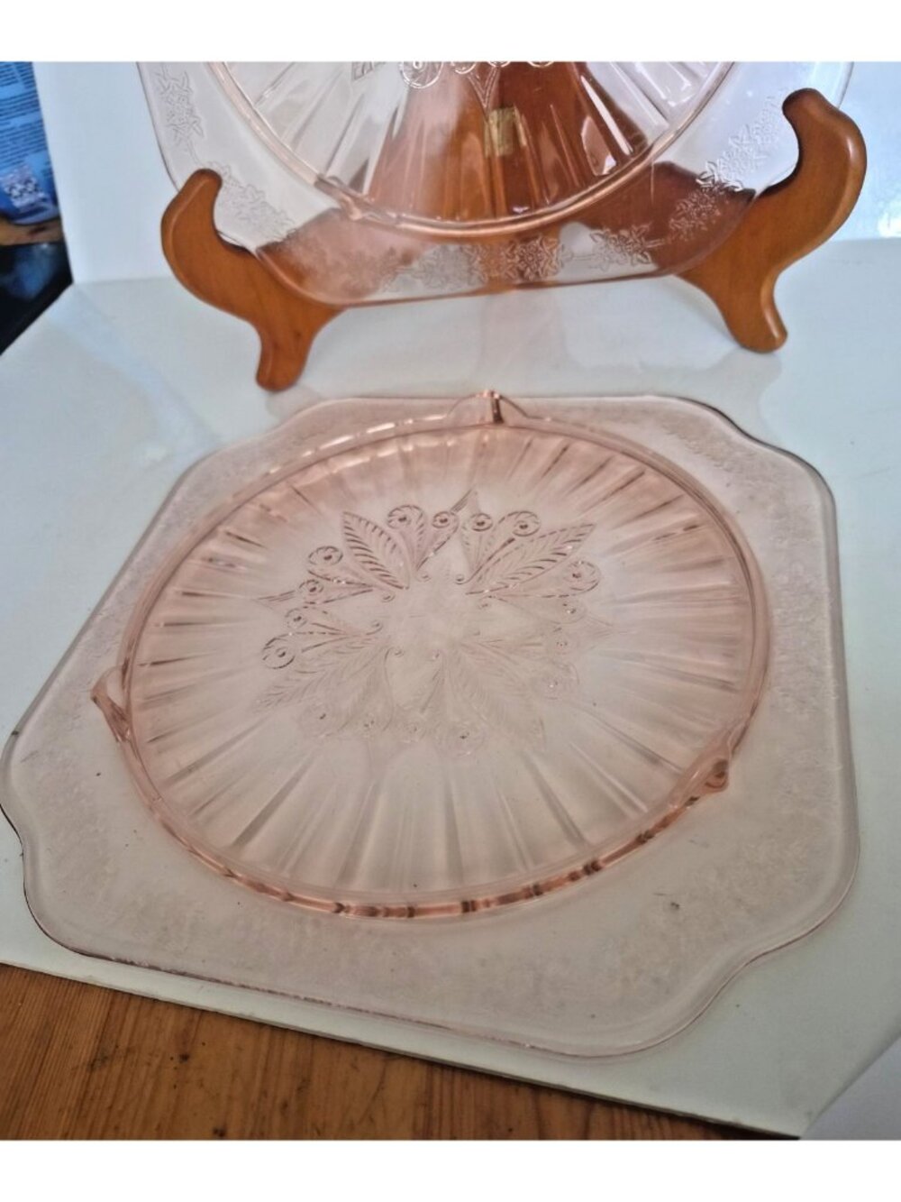 Jeannette Glass Pink Depression ADAM Footed Cake Plate 9" set of two
